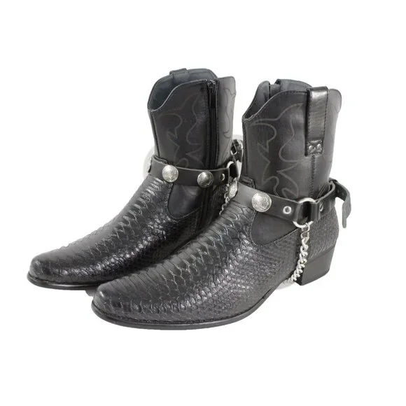 Men Boots Chains Pair Black Faux Leather Strap Native American Charm Motorcycle